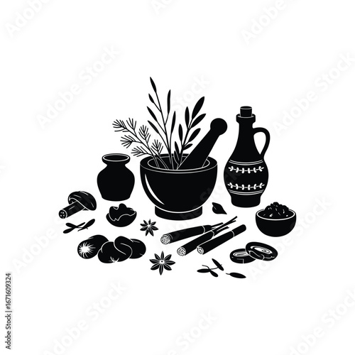 Herbal remedies and spices arranged with a mortar and pestle for natural medicine preparation