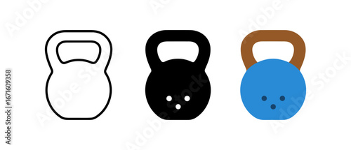 Linear and flat kettlebell icons in black, white, and blue color variations