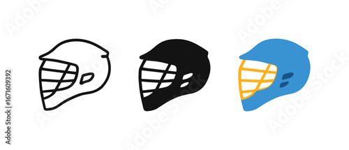 Hockey goalie helmet trio in linear and flat styles on white background