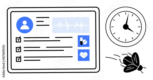 Digital patient profile screen with heartbeat graph, medication icon, checklists, clock, and a fly. Ideal for healthcare, diagnostics, time management, scheduling precision efficiency simple flat