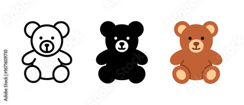 Three adorable teddy bears: outline, silhouette, and flat design styles