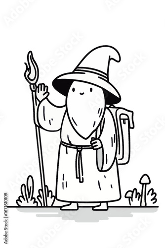 Wallpaper Mural A playful character resembling a wizard stands in a grass-dotted landscape. Clad in a flowing robe and pointed hat, they hold a walking stick, exuding a sense of adventure and charm. Torontodigital.ca