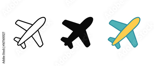 Airplane icons set in minimalist black and white and colorful styles