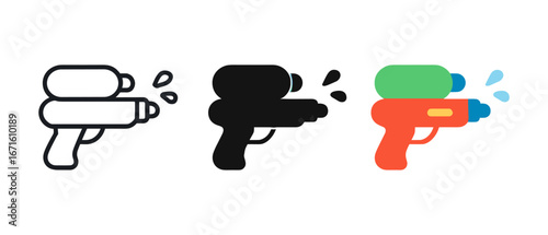 Colorful and minimalistic water guns in outline, solid, and flat styles