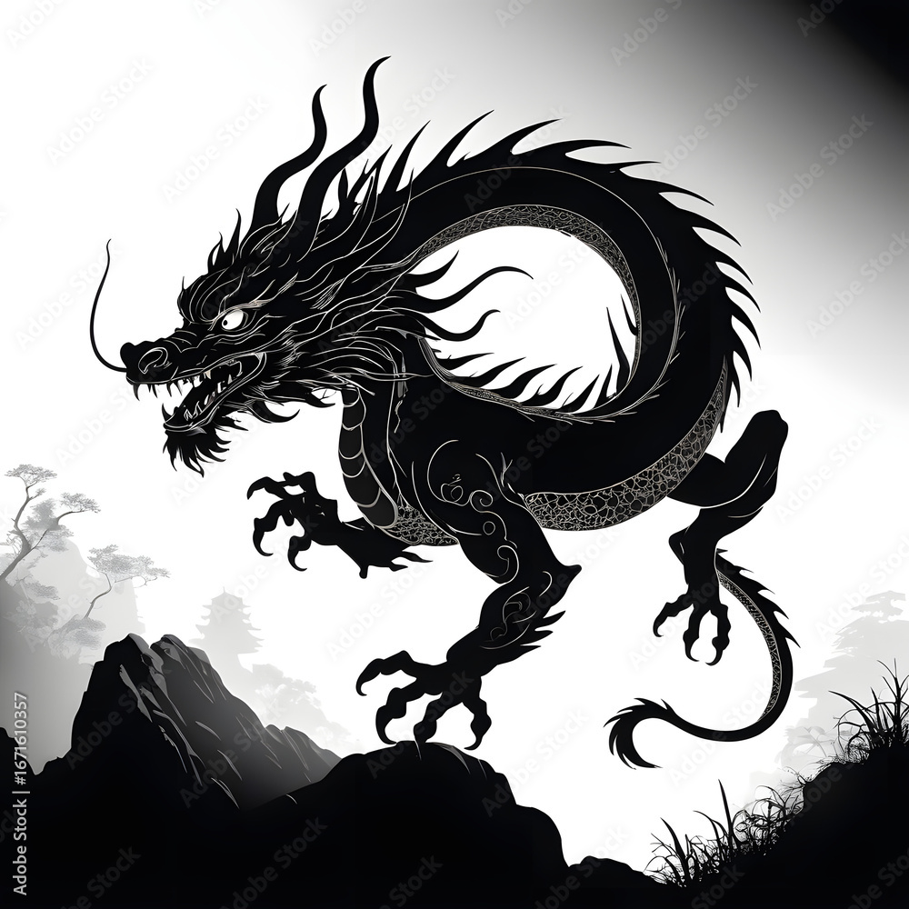 Obraz premium Monochromatic Majesty Mythical Dragon Soaring Above Ancient Landscapes A Timeless Dance of Power and Grace in Serene Monochrome