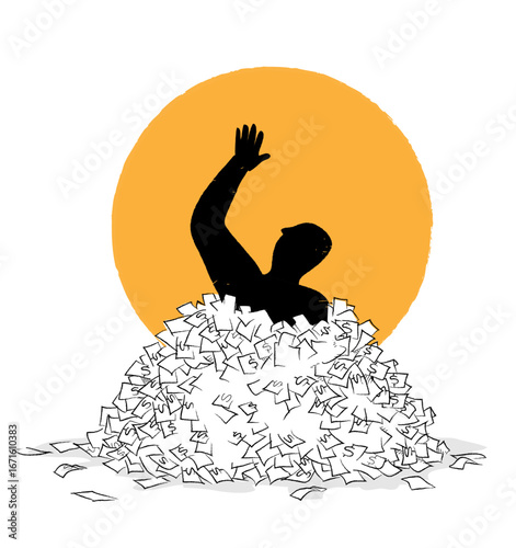 a person raising one arm as if calling for help while being overwhelmed by a large pile of scattered papers