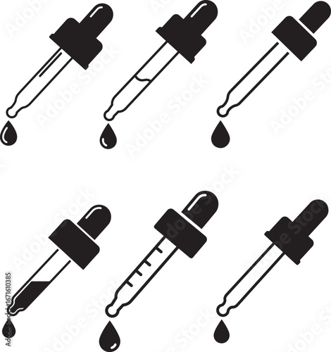 Six dropper pipettes with liquid drops silhouette
