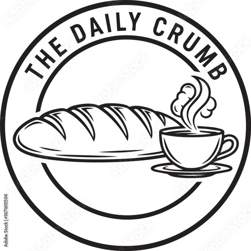 Circular emblem illustration of a hot coffee cup and artisan bread, a perfect symbol for a bakery's fresh daily offerings