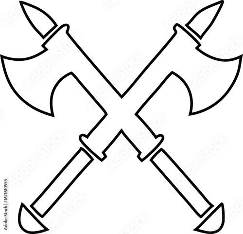 Historic weapon outline icon  crossed medieval axes for fantasy, gaming, or graphic design use.