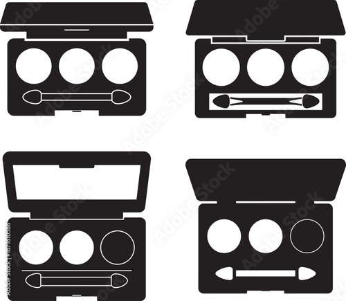 Four black silhouettes of open makeup palettes with eyeshadow and applicator