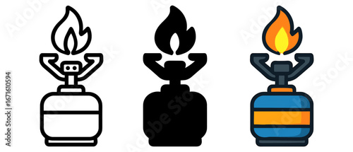 Camping gas lantern icons in outline, silhouette, and colorful styles