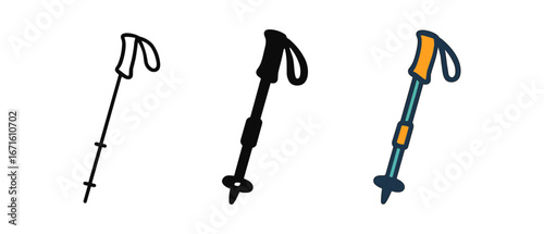 Set of trekking poles: hand drawn, silhouette, and colorful designs