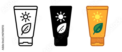 Flat style sunscreen icons with leaf and sun design in modern colors