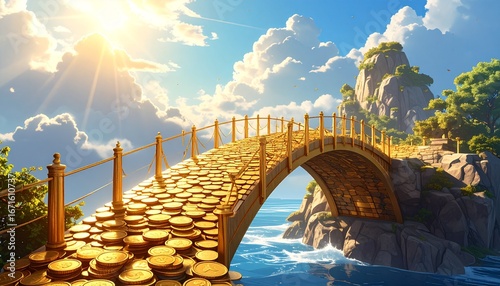 Golden Coin Bridge under Sunlight Sky, Creative Investment Growth Concept