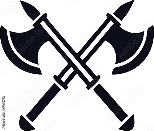 RPG weapon icon  silhouette of crossed  axe for fantasy combat, games, and medieval art.