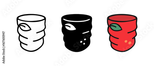 Minimalist reusable cup icons in red, black, and white with leaf design