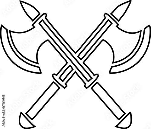 Simple vector icon of crossed medieval axes outline style perfect for fantasy or warrior themes.