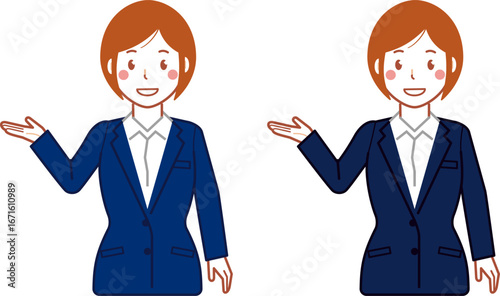 ネイビースーツ、ショートヘアのこちらと指し示す若い女性