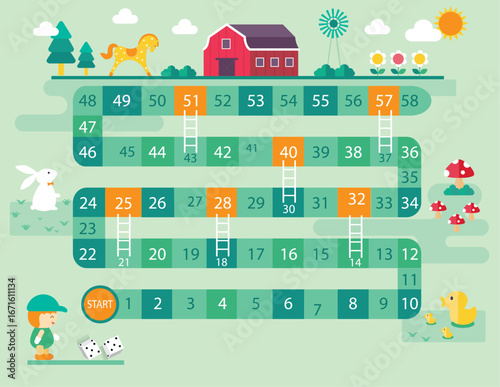 World tour board game template,Funny frame, ladders game,Farm, Vector illustrations.