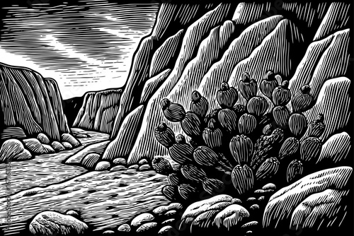 Cluster of prickly pear cactus beside sandstone cliffs, desert beauty with sharp textures and vibrant forms, artistic black and white sketch