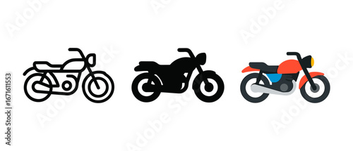 Motorcycle design styles: outline, silhouette, and colorful variations