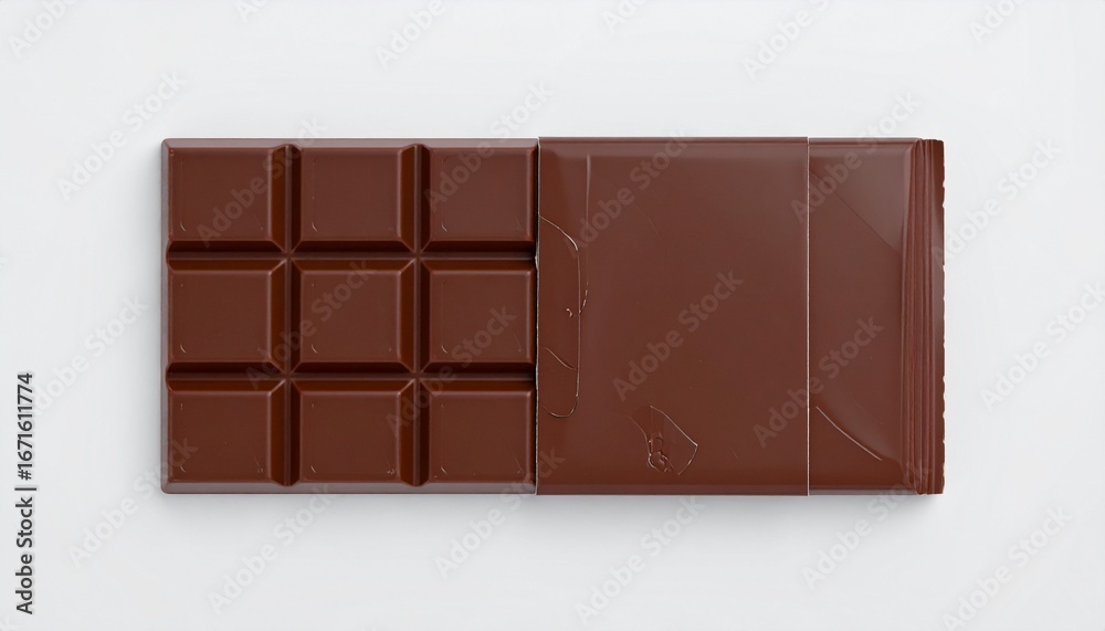 Obraz premium A rich dark chocolate bar is presented in its packaging, showcasing a detailed square-sectioned interior against a simple white background.