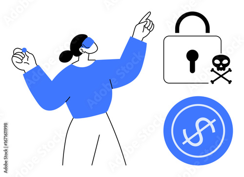 Woman pointing and holding an object while observing a lock with crossbones and dollar symbol. Ideal for cybersecurity, finance, fraud prevention, digital safety, online threats, financial security