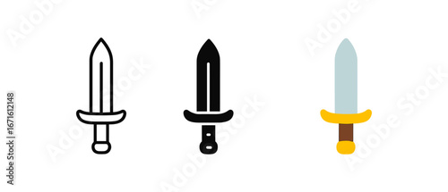 Set of swords in different styles: outline, filled, and colorful cartoon design