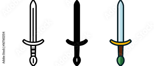 Minimalist sword set: linear, silhouette, and colorful variants