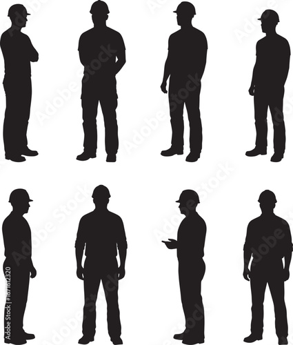 Silhouettes of construction workers in various poses on a white background