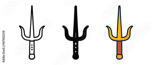 Icon set of sai in linear, silhouette, and colorful styles for martial arts design