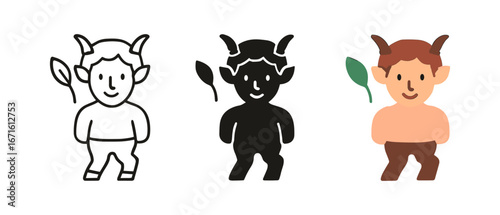 Playful satyr characters set in linear, silhouette, and flat art styles