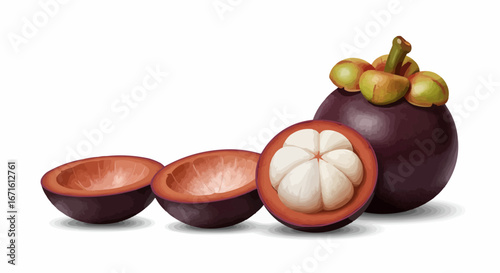 Fresh Mangosteen Fruit Isolated on White Background with Whole and Sliced Halves Showing Juicy White Flesh, Tropical and Exotic Superfruit
