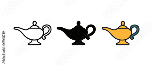Stylized genie lamps in linear, silhouette, and colorful flat designs
