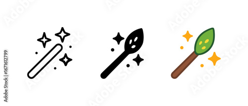 Magic wand icons with sparkle in minimal color, black, and line art styles