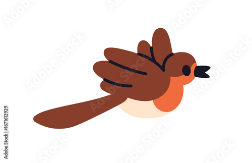 Small bird flying, side view. Cute birdie with long tail and wings spread, so...