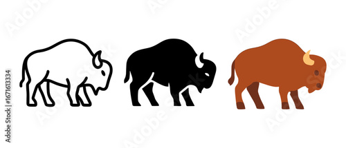 Buffalo silhouettes and flat design: white, black, and color variants