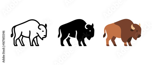 Bison trio in minimalist art: lineart, silhouette, and colorful flat design