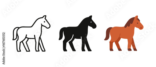 Horse icons set: black, white, and colorful silhouettes on white background