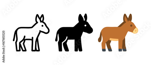 Three donkey designs: outline, silhouette, and colorful cartoon