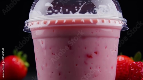 Close-up of a pink smoothie drink in a plastic cup with a clear lid