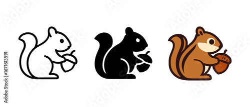 Squirrel holding acorn icons in outline, silhouette, and flat styles