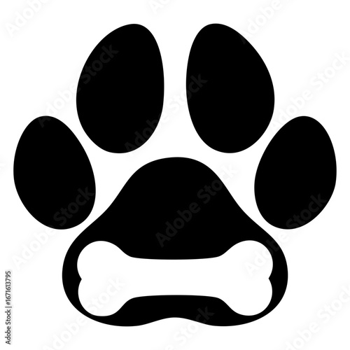 Logo de tienda de alimentos para mascotas. Icono con silueta de pata de gato o perro con hueso	