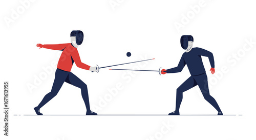 Vibrant vector illustration of two athletes engaged in a dynamic fencing duel, capturing the intense competition and strategic swordplay with their foils crossing