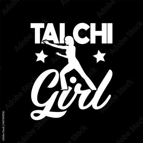 Tai Chi Girl Silhouette Illustration with Stars and Bold Text on Black Background