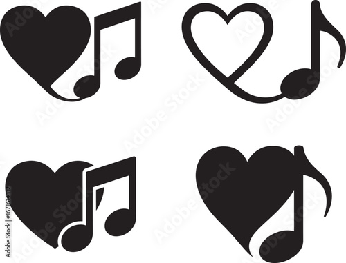 Four heart and music note symbols silhouette