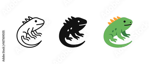 Stylized iguana set: outline, solid, and colorful designs