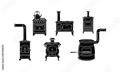 Collection of vintage stoves and fireplaces in silhouette style isolated on white background