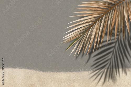 Golden palm frond casting sharp shadows on sandy grey surface