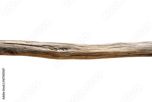 Weathered Branch Isolated, sun-bleached driftwood. Grain details, aged texture, and neutral tones against a white background. Light falls across